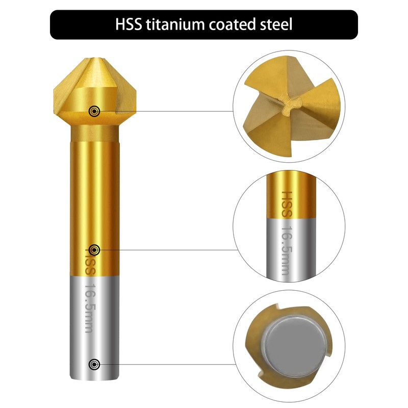6-Piece 90° Countersink Set, HSS Countersink Set, Titanium Coating, Diameter
