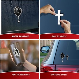 Religious Decals for Car Truck Tablet Tumbler Cell Phone - Set of 4 Black & White Mary Rosary, Lady of Guadalupe, Christian Cross