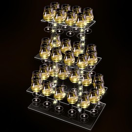 Cutora Champagne Tower with Led Light for Party, 3 Tier Clear Champagne Flute Wall Holder with 32 Slots Glasses Display Stand Stemware Rack Acrylic Tree Stand for Wedding Party 25.6” x 19.6” x 11.8”
