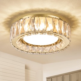 Gisisee 11 Inch Modern Gold Luxury Flush Mount Ceiling Light,Small Crystal Chandelier, Dimmable LED 5CCT 3000K-6000K 24W Round Close to Ceiling Light Fixture for Hallway,Kitchen,Bedroom,Laundry Room