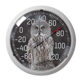 Taylor Nature Series Indoor Outdoor Owl Thermometer, Easy to Read Wall Decor for Patio, Pool, Yard, Garden or Garage, 13.25 Inch, Gray Bezel