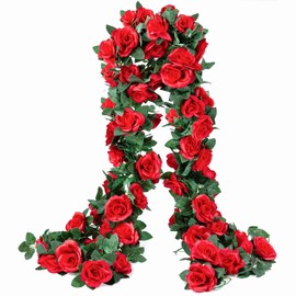 Paquete de 2 guirnaldas Artificiales de Flores Falsas de Vid de Rosa de Seda para Colgar Plantas de Hiedra para el día de la Madre, Boda, Fiesta, jardín, decoración de Arte estético (Rojo)
