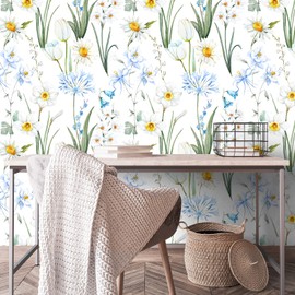 VaryFloral 24"x118" Floral Peel and Stick Wallpaper White Daisy Blue Hydrangea Flower Botanical Wallpaper Removable Self Adhesive Floral Contact Paper for Cabinet Bedroom Kitchen Nursery Renters