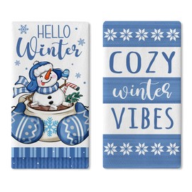 Croar Hello Winter Hot Cocoa Kitchen Dish Towels Set of 2, Blue Snowman Mitten Drying Hand Towels Baking Cooking Cloth, Christmas Cozy Winter Vibes Stripes Seasonal Home Kitchen Decoration 18 x 26 in