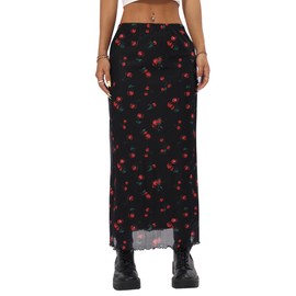 Avanova Women Cute Cherry Mesh Midi Skirt High Waist Lettuce Trim A Line Skirt Cherry Black Medium