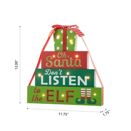 Glitzhome Christmas Table Decor Wooden Signs with Sayings Oh Santa Don’t Listen to the Elf Lighted Farmhouse Wooden Block Set 12 Inches Wood Gift Box Block Decor Christmas Holiday Home Decor