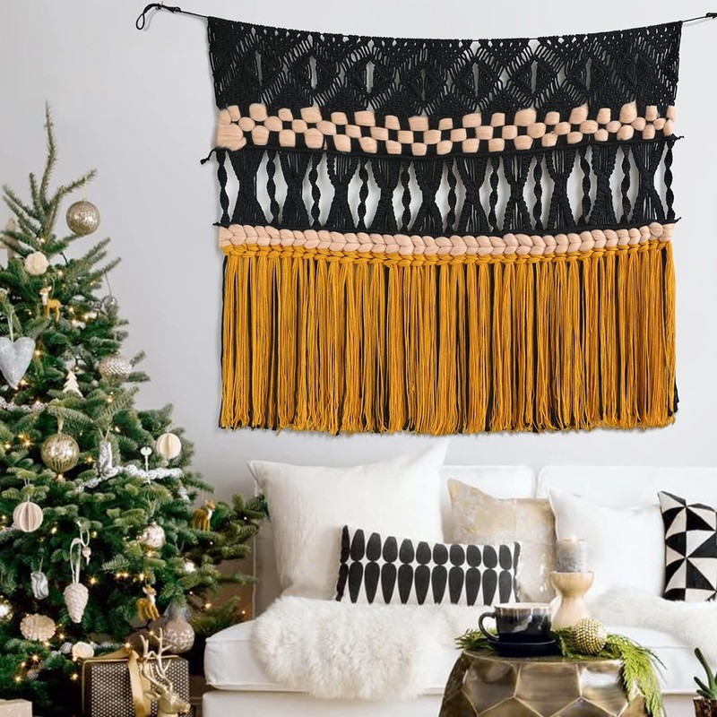 IOWER Macrame Wall Hanging Black Woven Macrame Wall Decor Boho