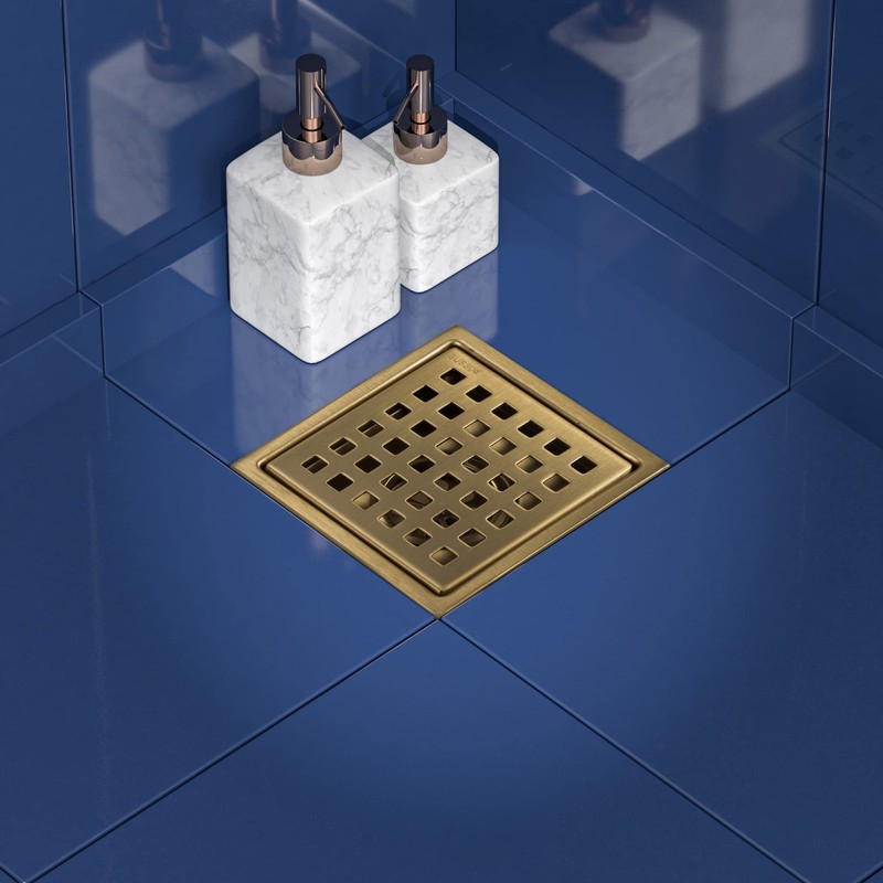 Georkios Brushed Gold 6 Inch Square Floor Drain, SUS304 Stainless