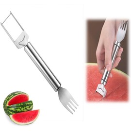 Silver Watermelon Fork Stainless Steel Watermelon Slicer Watermelon Cutter Fruit Slicer Stainless Steel Fruit Cutter Double Head Watermelon Slicer Cutter Tool for Home Party Fruit Peelers and Slicers