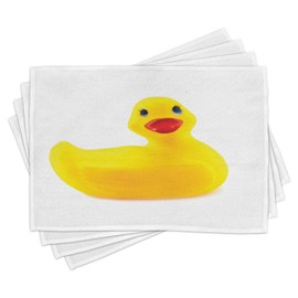 Ambesonne Rubber Duck Place Mats Set of 4, Yellow Squeak Ducky Toy Fun Bubble Bath Animal Room Duckling Print, Washable Fabric Placemats for Dining Table, Standard Size, White and Yellow