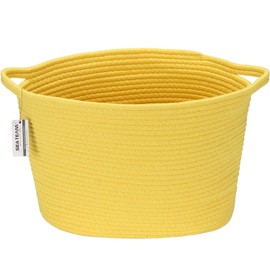Sea Team Oval Cotton Rope Woven Storage Basket with Handles, Diaper Caddy, Nursery Nappies Organizer, Baby Shower Basket for Kid's Room, 14.2 x 9 x 11.4 Inches (Medium Size, Yellow)