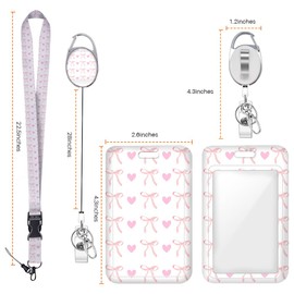 Pink Bow Heart ID Badge Holder Badge Reel Lanyards for ID Badges Work Vertical Protector Retractable Carabiner Clips Heavy Duty Key Lanyard for Women Salesman Dustman Editor Electrician Office Gifts