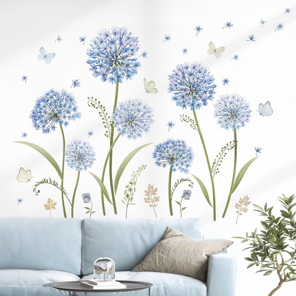 decalmile Blue Dandelion Flower Wall Decals Blooming Floral Butterfly Wall Stickers Bedroom Living Room Sofa TV Background Wall Decor