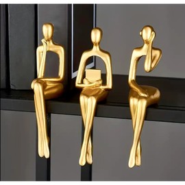 3-Pcs Thinker Statues Resin Sculptures, Modern Abstract Home Decor Ornaments, Collectible Figurines for Bookshelves, Living Room, Office, or Dining Table Decorations - Gold Colour