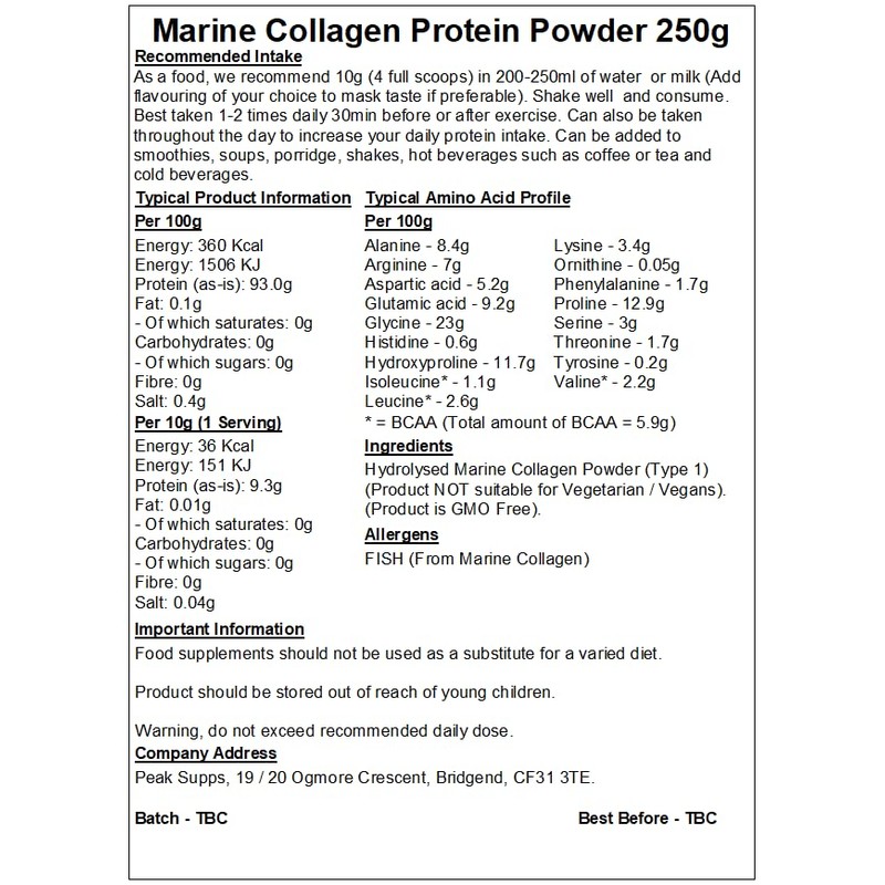 Marine/Fish Hydrolysed Collagen Protein Powder 250g - Type 1 Peptides