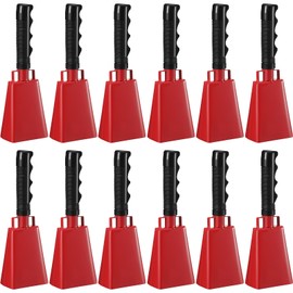 Fiada 12 Pcs Cow Bell 10 Inch Noise Makers for Sporting Events Football Bell Football Cowbell Instrument with Handle for School Party Classroom Musical Game Alarm Cheering (Red)