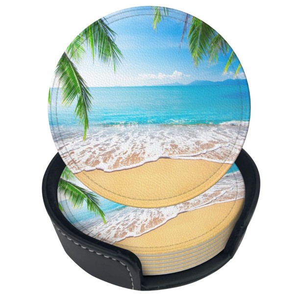 Niukom 6 Pcs Island Beach Leather Coasters for Drinks with