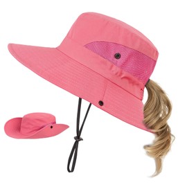 Kids Sun Hat with Ponytail Hole UV Protection Wide Brim Summer Beach Bucket Cap Fishing Hat for Girls Pure Watermelon Red