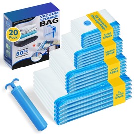 Vacuum Seal Bags for clothing - 20 Pack Vacuum Storage Bags for Travel (5 Jumbo/5 L /5 M /5 S), Space Saver with hand pump, Vacuum Sealed Bags for Luggage Clothes Blankets Bedding