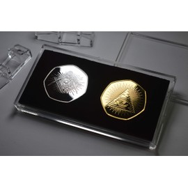 Pair of FREEMASONS, MASONIC Silver & 24ct Gold Commemoratives in 50p Coin Display/Presentation Case. Square & Compasses, All Seeing Eye, Illuminati, Masons, Lodge