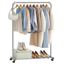 SONGMICS Clothes Rack with Wheels, Clothing Rack for Hanging Clothes, 25.4 mm Metal Garment Rack with Dense Mesh Storage Shelf, 110 lb Load Capacity, 2 Brakes, Gray UHSR025G01