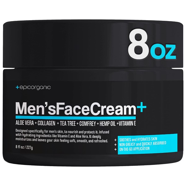Epic Organicum Mens Face Cream | Anti Aging & Hydrating Face Moisturizer | Hyaluronic Acid, Collagen & Vitamin E Cream | Men's Skin Care | Moisturizer Face Cream | 8oz