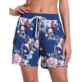 Nonwe Swim Trunks Womens Board Shorts Stretch Floral Printed Beachwear with Liner Blue&Pink XS