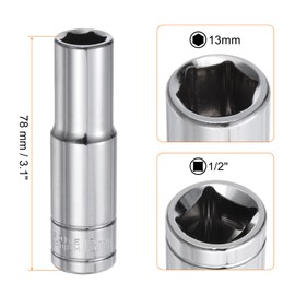 HARFINGTON 6-Point Socket 1/2" Drive 13mm Metric 3.1" Length 45# Steel Deep Sockets Full Polishing Chrome Sockets for Car Repair Mechanical Maintenance Home Use