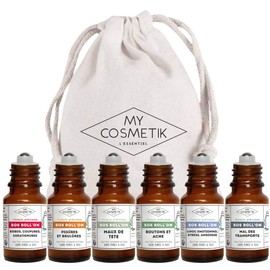 SOS Roll'on Complete Package - Set of 6 Roll'ons made from 100% Pure Essential Oils and Organic - 6 x 10 ml + Pochon 100% Cotton - MY COSMETIK