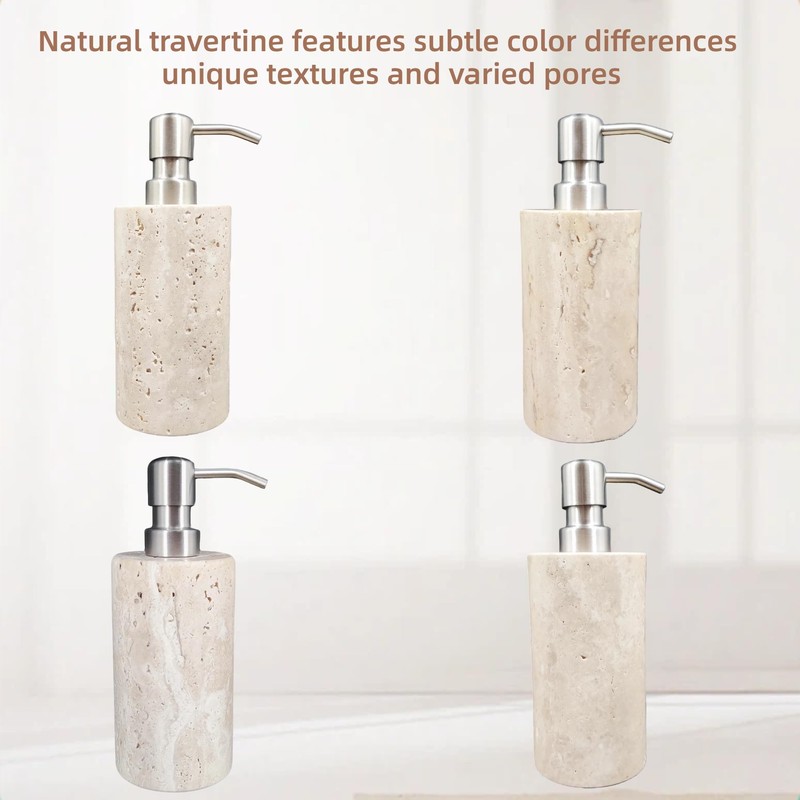 Jusmioke Natural Travertine Marble Soap Dispenser with Stainless Steel Pump,