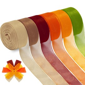 Whaline 6 Rolls Fall Sheer Chiffon Ribbon Organza Wrapping Ribbon 120 Yards Autumn Colored Fabric Ribbon for Thanksgiving Wreath Bow Making DIY Crafts Wrapping Supplies