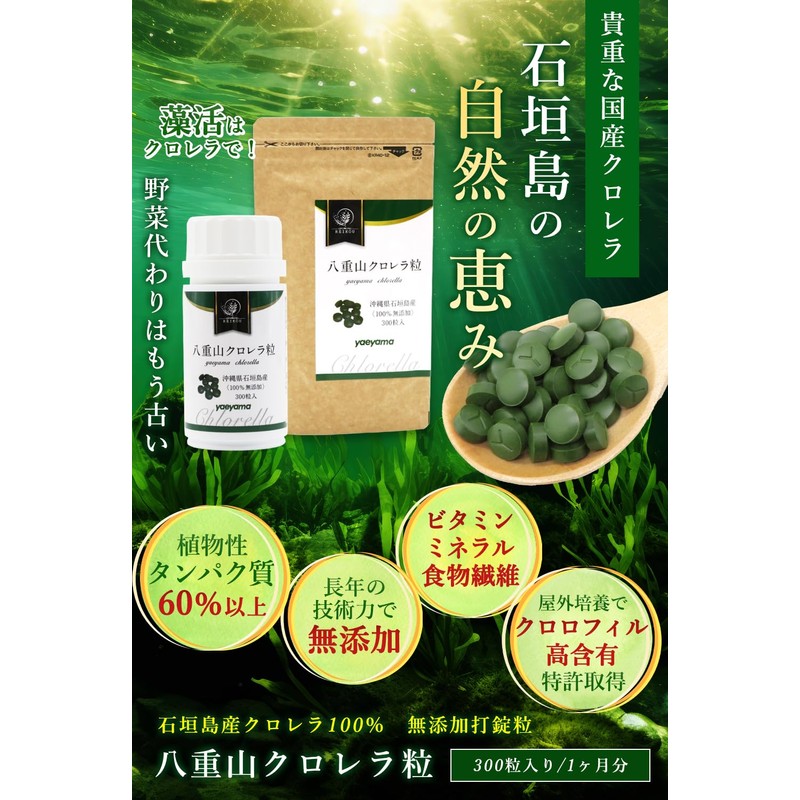 REIKO 八重山クロレラ クロレラ サプリ 300粒 八重山 1ヶ月分 パウチ 無添加 添加物不使用