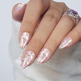 Yivaiks Purple Floral Fragments Cat Eye Press on Nails Almond Fake Nails with Glue on Nails(MY-24XR006)30 Nail Kit with Glue