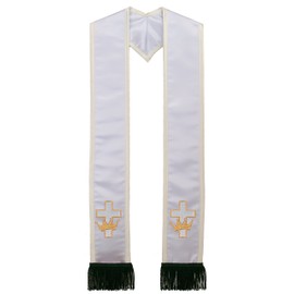The Sash Company Deluxe White w/Cream Border and Black Fringe Satin Clergy Stole with Embroidered Cross with Crown [ Made in USA ]