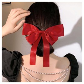 W WEILIRIAN Silk Satin Hair Bows Long Red Bow Hair Clips Satin Hair Barrettes Clip French Hair Barrette Scrunchies Ponytail Accessories Jewellery for Women Girls Gifts (Red)