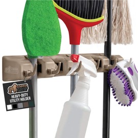 Gorilla Grip Mop and Broom Holder, Easy Install Wall Mount Storage Rack, Organize Cleaning Supplies, Garden Tools, Organizer for Home Kitchen, Garage Closet, Pantry Laundry Room, 5 Slot 6 Hooks, Beige