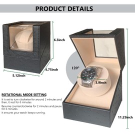 Ausugar Single Watch Winder for Automatic Watches, Super Quiet, in Wood Shell and Black Leather/Carbon Fiber Leather, Japanese Motor (Black Ostrich Print)