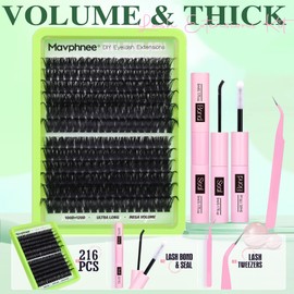 Mega Volume Lash Extensions Kit 14-24MM Long Eyelash Extension 100D 120D Lash Clusters Russian Indvidual Lashes DIY at Home D-Curly Eyelash Individuals Lash Bond and Seal Kit (216 Pcs)