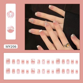 EYZOTSF Press on Nails Short Square Shaped Acrylic Extra Short Length Square False Nails with Designs Artificial Fake Nail with Charms Glue Stick ons Fingernails for Women Girls(MY206)