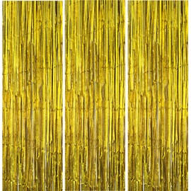 3 Pack Foil Curtain Backdrop 3.3x6.6 ft Tinsel Fringe Curtains for Parties Metallic Streamers Photo Booth Props,Wedding & Birthday,Holiday Decorations Disco,Bachelorette,Door Hanging Decor (Golden)