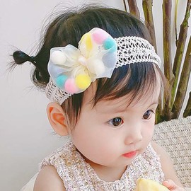Bethynas Cute lace Bowknot Headband for Baby Girls Handmade Fabric Flower Baby Elastic Hairband Floral Bow Hair Accessories for Newborn Infant Toddlers (Pompom - off white)