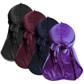 JarseHera Velvet Durags for Men Waves 2/4 Pair Extra Long-Tail Du-rag Multiple Colors Du rags for Waves(Durag Velevt-Black+Navy blue+Wine+Purple,4 Pair, One Size Fit Most)