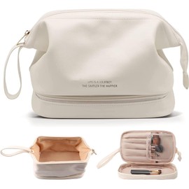 Bolsa de maquillaje grande, Bolsa de cosméticos de viaje doble capa para mujer, Bolsa de Tocador Neceser portátil, Bolsa de aseo estuches neceser de piel, Organizador bolsa de cepillo (Blanco)