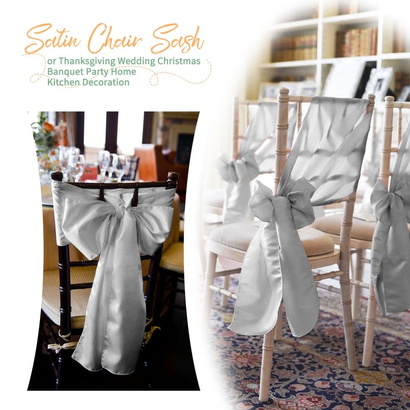 120 PCS Silver Satin Chair Sashes, 7 x 108 Inch