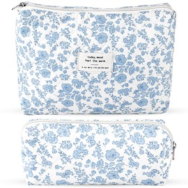 2Pcs Quilted Makeup Bag Set Flower Cute Pencil Case Large Small Travel Makeup Pouch Set for Women Coquette Makeup Bag Aesthetic Cotton Cosmetic Bag Hot Pink Toiletry Organizer Storage Bag Zipper Pouch