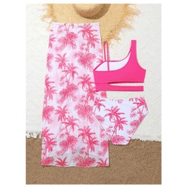 BEAUDRM Girl's 3 Piece Bikini Set Tropical Swimsuit Split Beach Skirt Quick Dry Swimwear Cover-Up Sets Pink 10Y