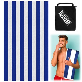 Large Microfibre Beach Towels For Adults Men Women,160 X 90cm Double Sides Blue Stripe Quick Dry Beach Towel With Bag,Sand Free Water-Absorbent Lightweight Beach Towel for Swimming,Travel,Gym,Camping