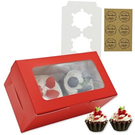 HALOMOUNT Cupcake Boxes 2 Count, Disposable Cupcake Containers, Food Grade Carrier with Window and Inserts for Cupcakes Muffins Cookies Pastries Donuts (Red, 30 Pack)