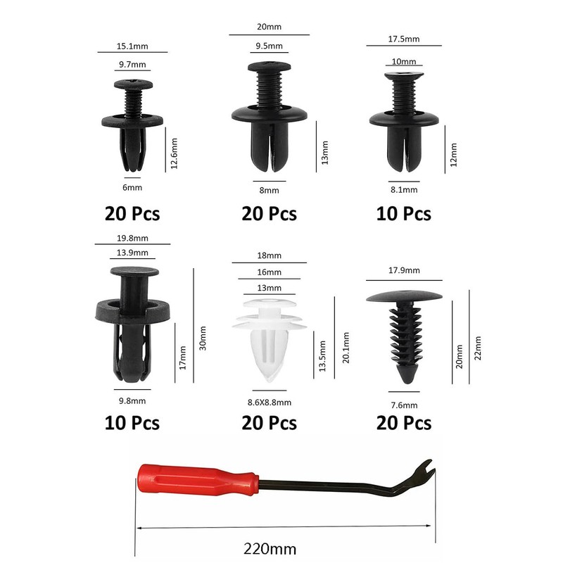 Bombinate Car Bumper Clips (6 Types, Set of 100 +