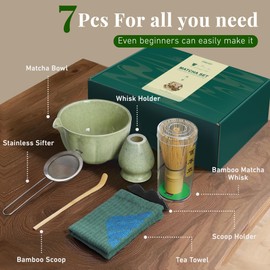 Renmxj Matcha Whisk Set,7 PCS Ceramic Matcha Kit Includes Matcha Bowl with Spout, Matcha Whisk and Holder, Bamboo Scoop, Stainless Sifter, Towel, Unique Gift for Matcha Lovers (Mottled Green)